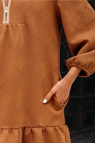 Camel Textured Dress with Khaki Detail