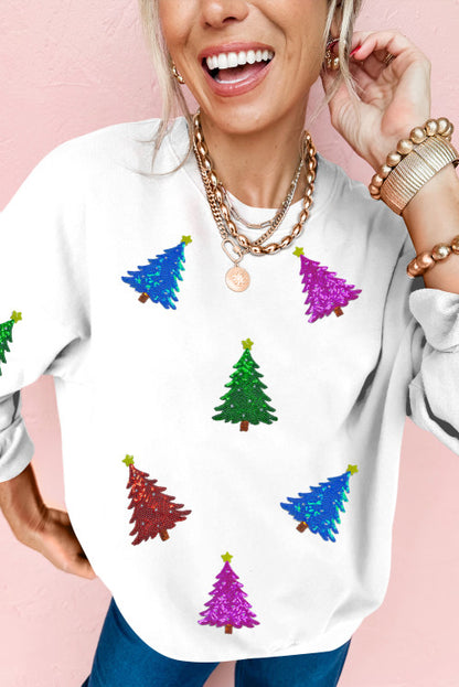 Christmas—Sequined Trees on White Sweatshirt