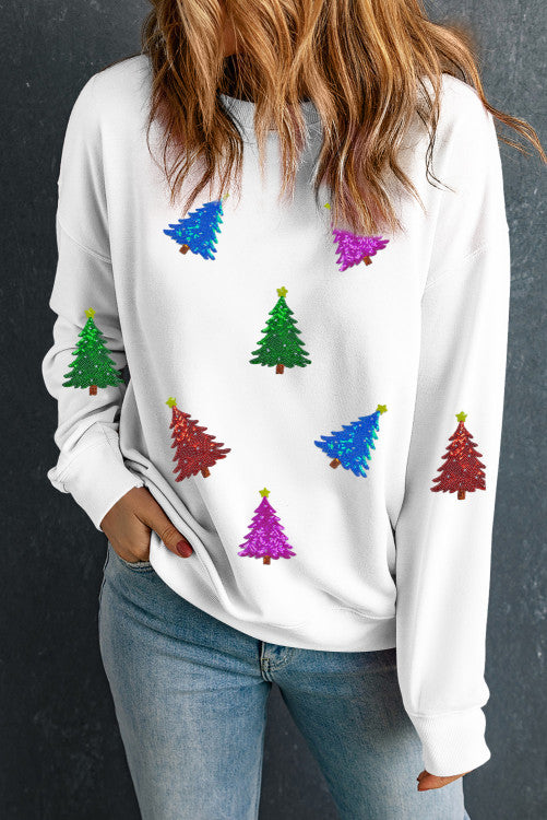 Christmas—Sequined Trees on White Sweatshirt