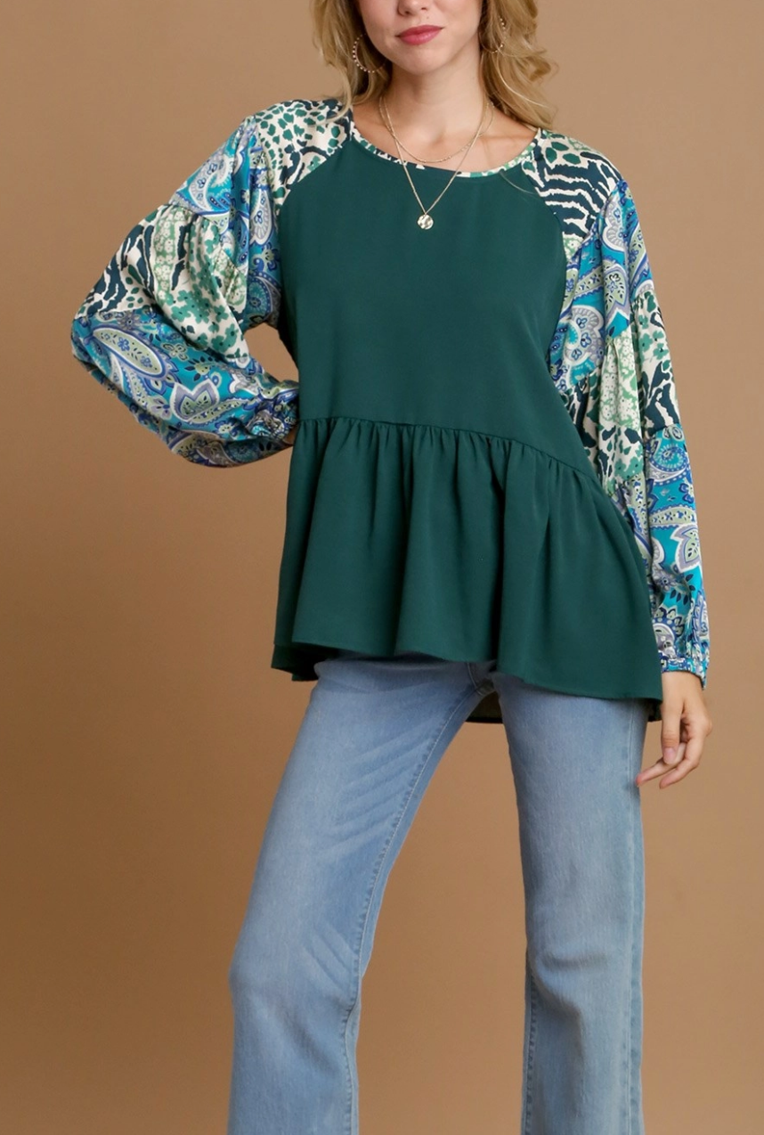 Umgee Hunter Green Babydoll Blouse w/ Patterned Sleeve
