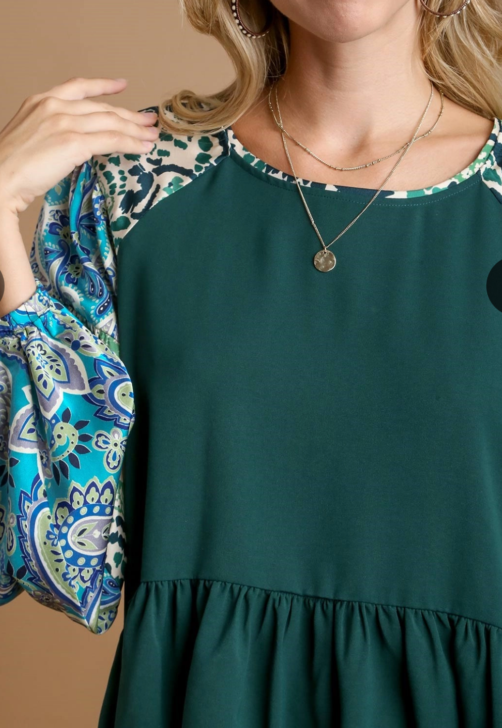 Umgee Hunter Green Babydoll Blouse w/ Patterned Sleeve