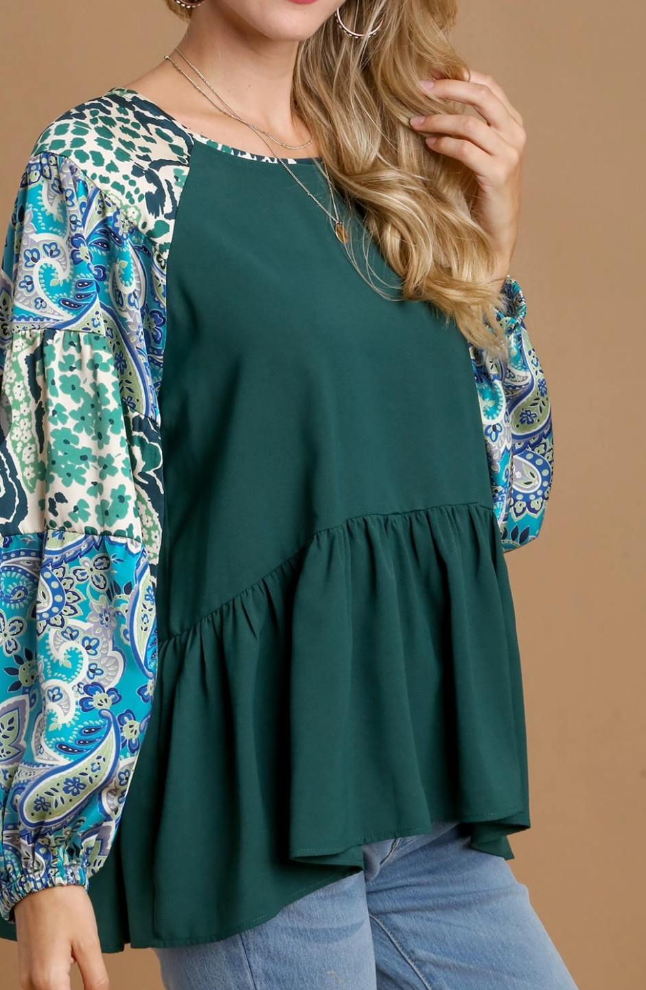 Umgee Hunter Green Babydoll Blouse w/ Patterned Sleeve