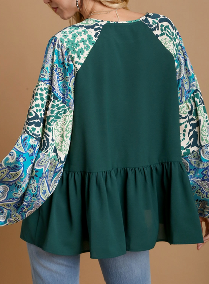 Umgee Hunter Green Babydoll Blouse w/ Patterned Sleeve