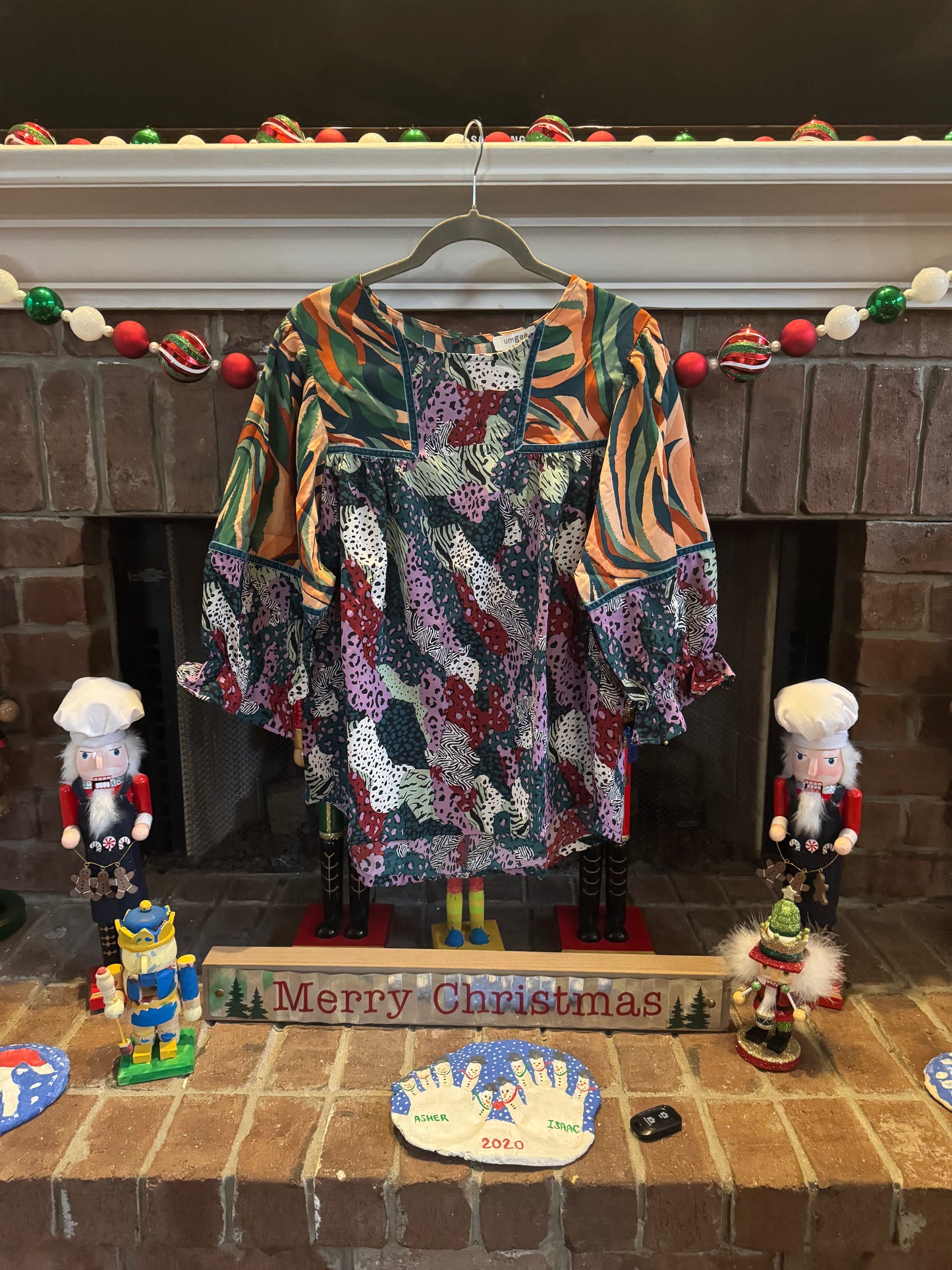 Umgee Multi-Patterned Blouse w/Green Velvet Detail