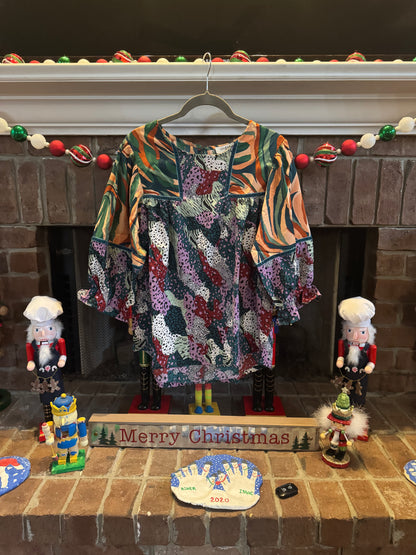 Umgee Multi-Patterned Blouse w/Green Velvet Detail