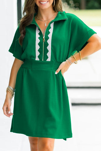 Green and White Zipper Dress with Cinched Bodice