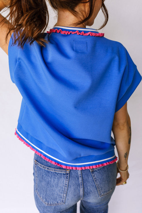 Blue Shirt w/ Pink Ruffle Detail